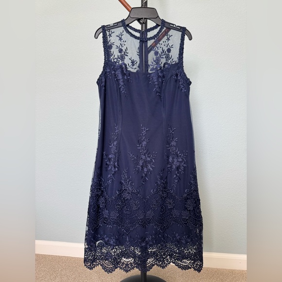 nanette lepore navy lace dress Nanette Lepore navy blue crochet dress, lined, cap sleeve, lace